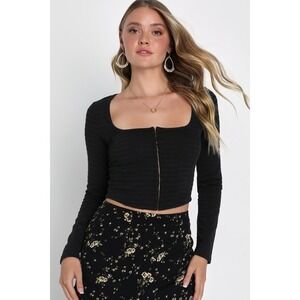 Lulus Stylish Society Black Ribbed Knit Long Sleeve Corset Top - Size S